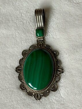 Vintage Sterling Silver Malachite Pendant Southwestern Style 21g